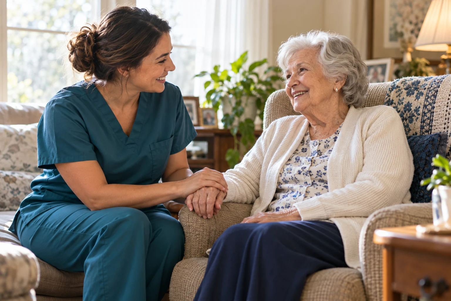 Illustration of a home-health professional sharing a warm moment with an older woman at home